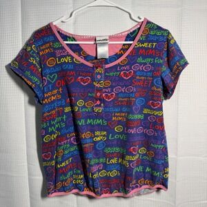 M&Ms World Graphic T Shirt Women's Purple Pink Hearts Love Sweet Fun Size L